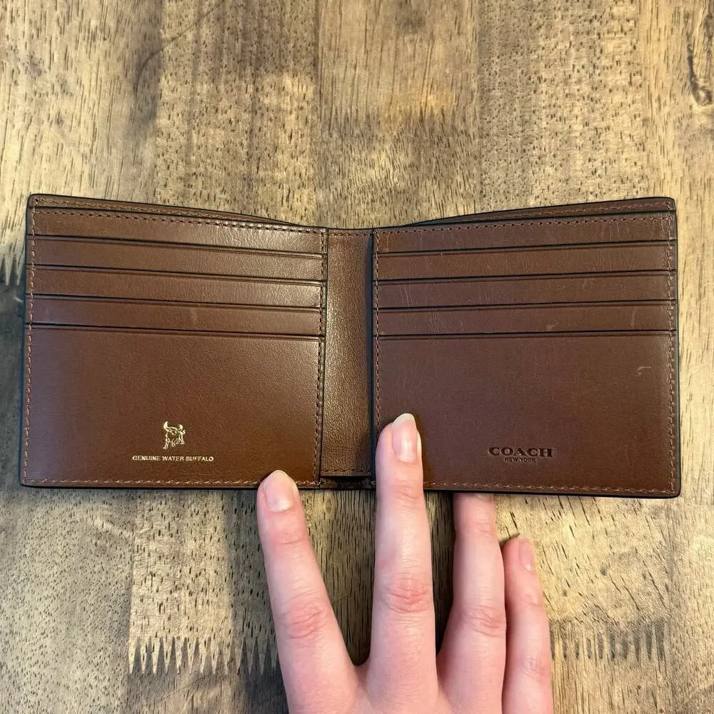 COACH Billfold Wallet Genuine Water Buffalo Leather 8-Card Supple Embossed Brown
